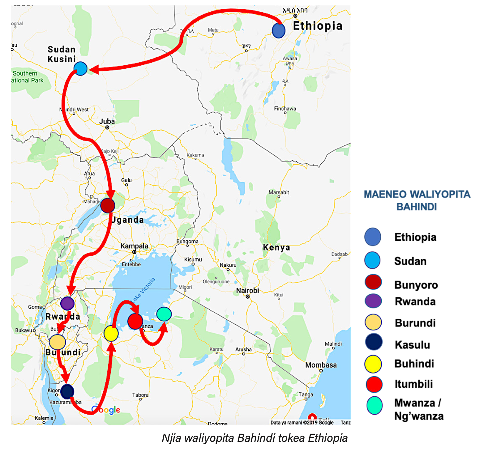 Ramani ya safari inayosimuliwa katika mapokeo ya ukoo kutoka Ethiopia hadi Mwanza